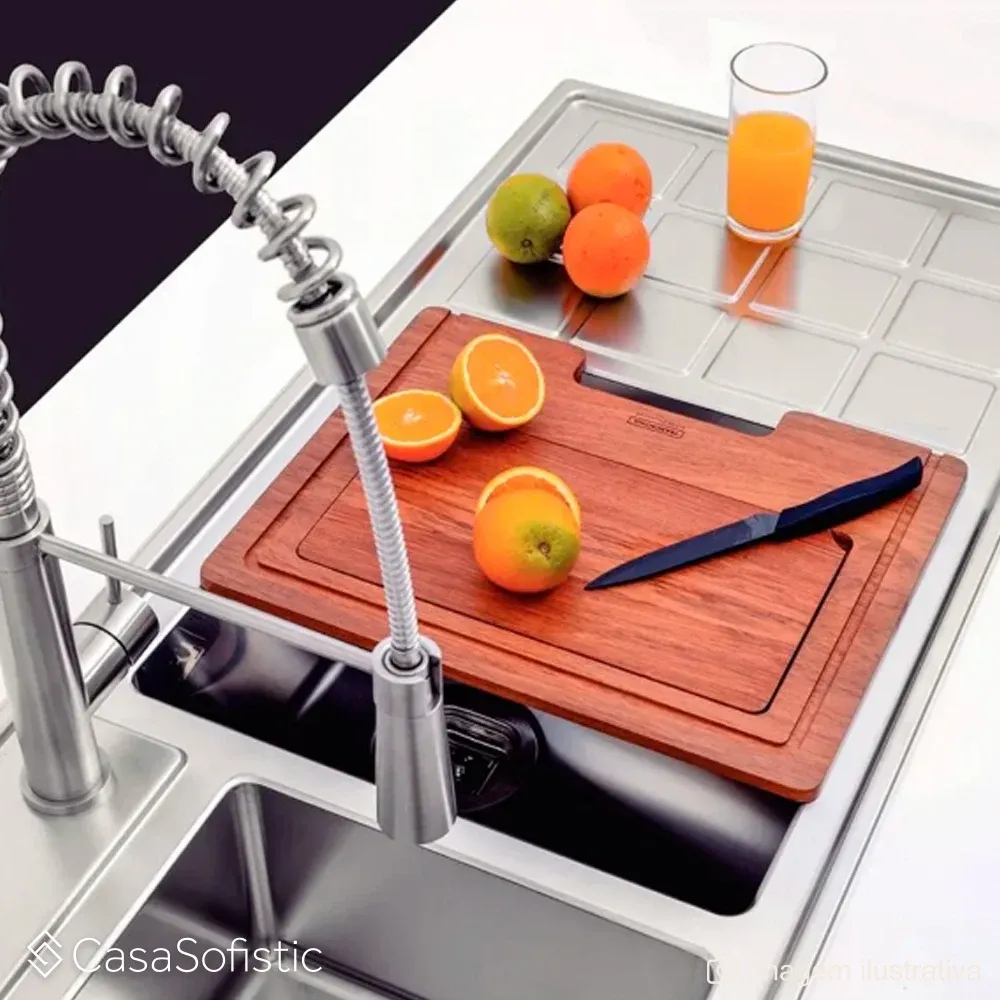 Kit para Pia Tramontina Design Collection em Aço Inox com Tábua de Madeira Vazada 42x32 cm