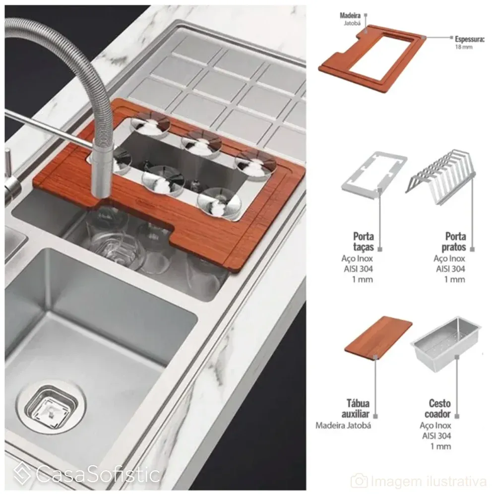 Kit para Pia Tramontina Design Collection em Aço Inox com Tábua de Madeira Vazada 42x32 cm