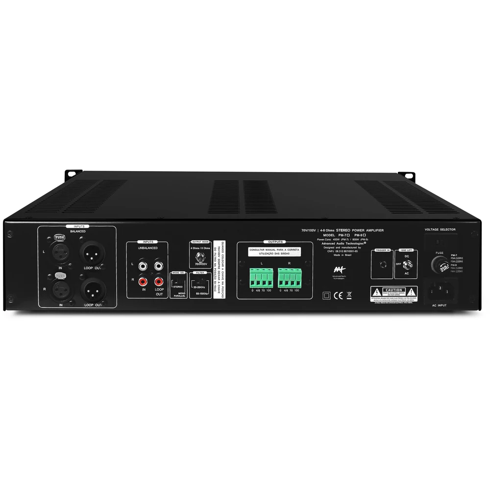 Amplificador de Potência Estéreo AAT PM-7 CI 70V/100V e 8/4 Ohms 2x100W RMS