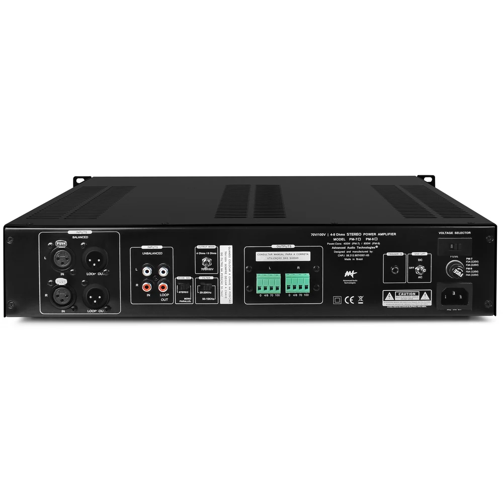 Amplificador de Potência Estéreo AAT PM-9 CI 70V/100V e 8/4 Ohms 2x200W RMS