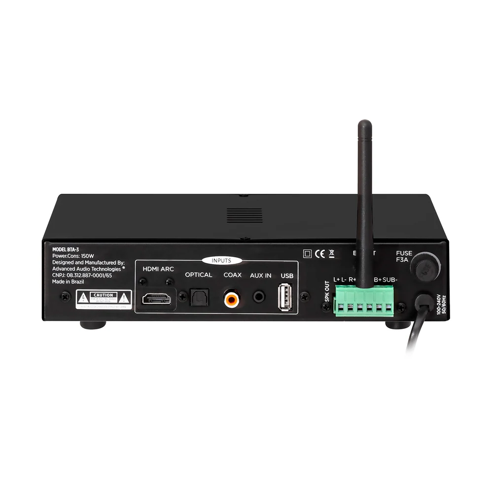 Receiver Compacto AAT BTA-3 2.1 Canais com Bluetooth 5.0, HDMI ARC e Saída para Subwoofer